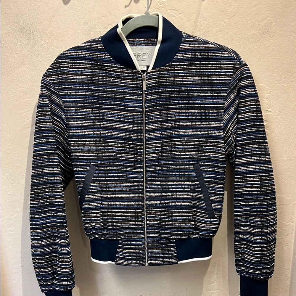 Jason Wu Blue and White Bomber Jacket with Striped Pattern